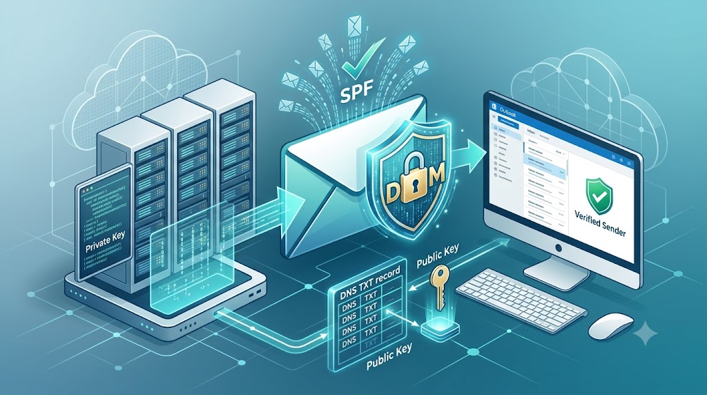 Why DKIM & SPF Email Authentication Are Essential for Enterprise Security in 2026 Diagram illustrating DKIM private key signing, DNS TXT record lookup, and verified email delivery.
