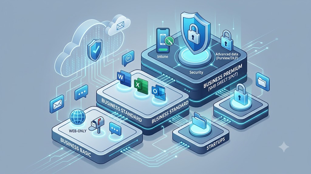 Microsoft 365 Licensing Guide: E7, E5, E3 & Business Plans (2026) Isometric diagram illustrating Microsoft 365 licensing tiers for SMBs, comparing Business Basic, Business Standard, and Business Premium with Intune and Purview security layers.