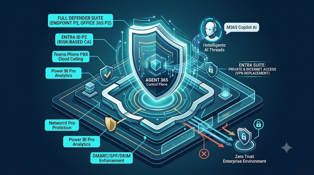 Enterprise M365 E3, E5 & E7 Explained: Features, Security & Managed Services Isometric technical diagram showing Microsoft 365 Enterprise licensing architecture, comparing E3, E5, and E7 Frontier Suite featuring Copilot AI, Entra Suite, and Agent 365 governance.