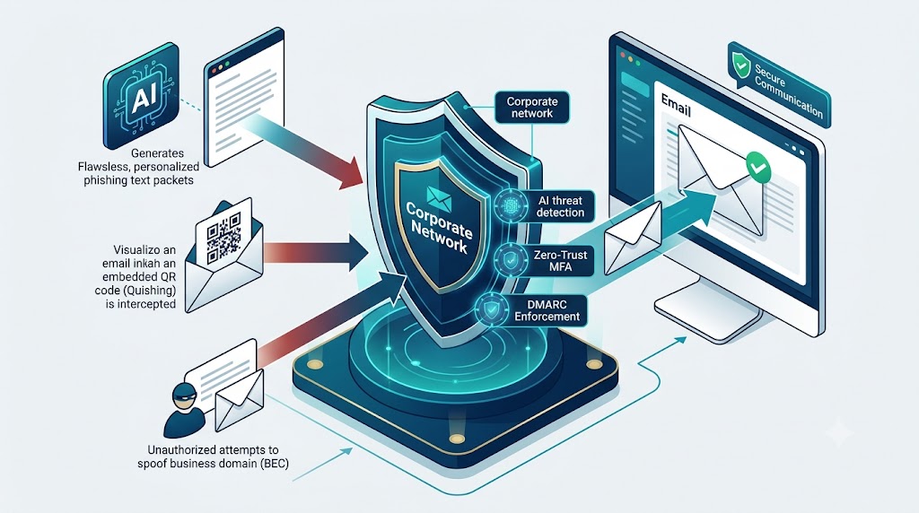 Emerging Email Security Threats & Solutions (2026 Guide) Diagram showing enterprise email security filtering AI phishing, quishing, and domain spoofing through DMARC and zero trust defenses.