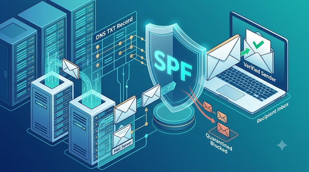 What Is SPF? Sender Policy Framework Guide (2026) Diagram illustrating Sender Policy Framework (SPF) email verification, showing mail servers, DNS TXT record lookup, and filtering soft-fails into quarantine.