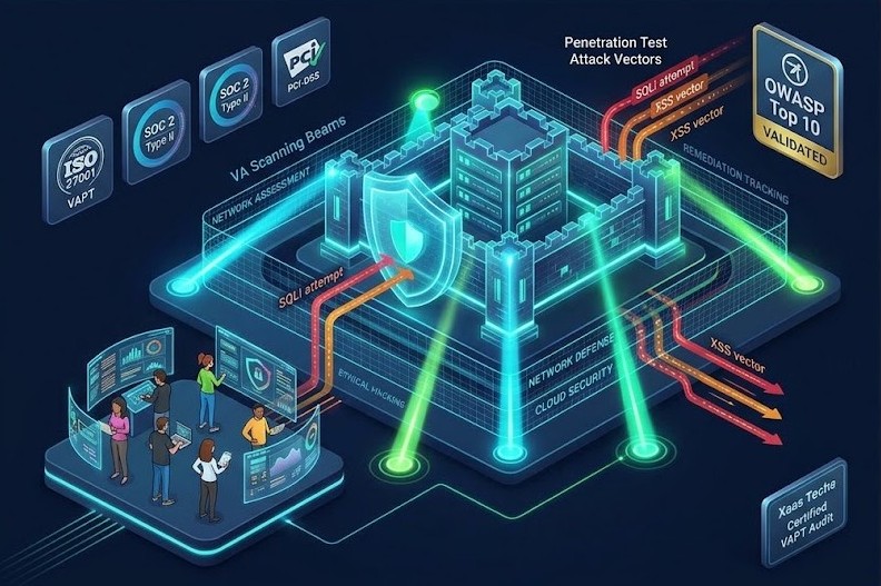 VAPT Demystified: The Complete Guide to Vulnerability Assessment & Penetration Testing diverse Xaas Techs cybersecurity specialists manage VAPT for an enterprise network, using a high-end 3D isometric command console to monitor a secure digital fortress protected by multi-layered defenses, automated scans, and a cyber shield, with visible OWASP Top 10 and ISO 27001 compliance badges, all against a deep navy tech background.